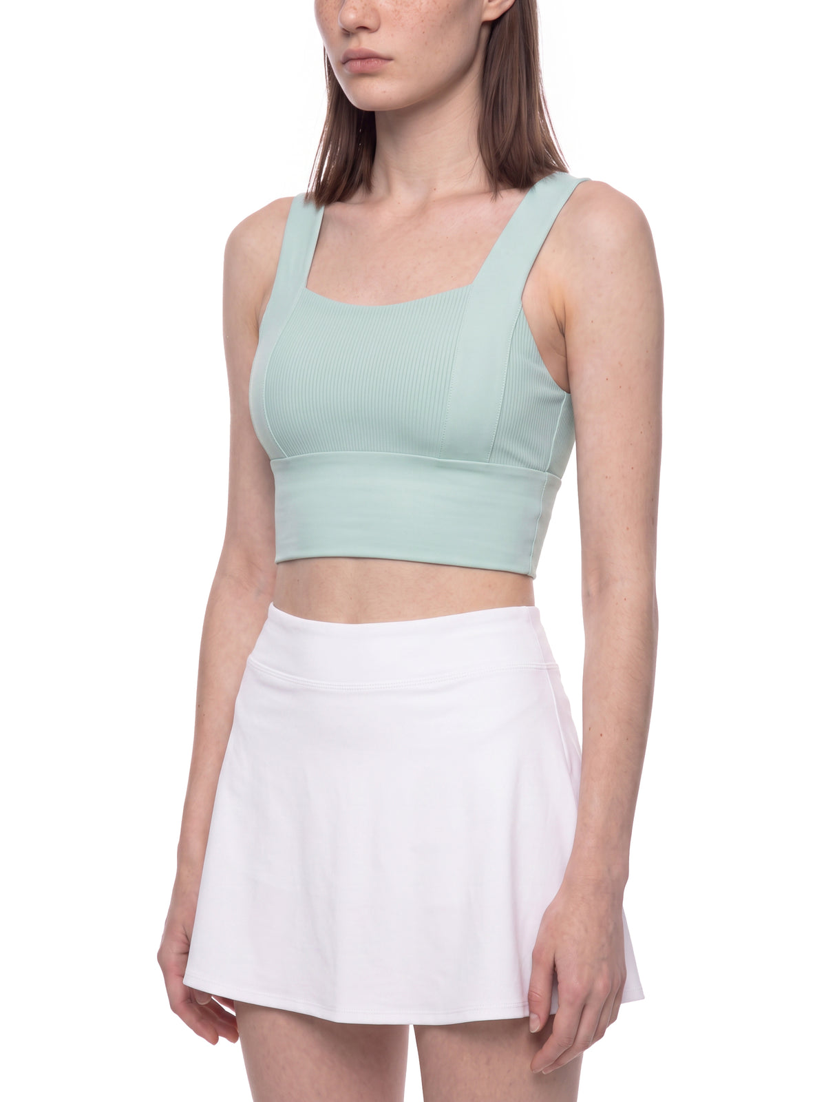 Women’s Yoga Crop Tank Top in Mint Green - model three-quarter view