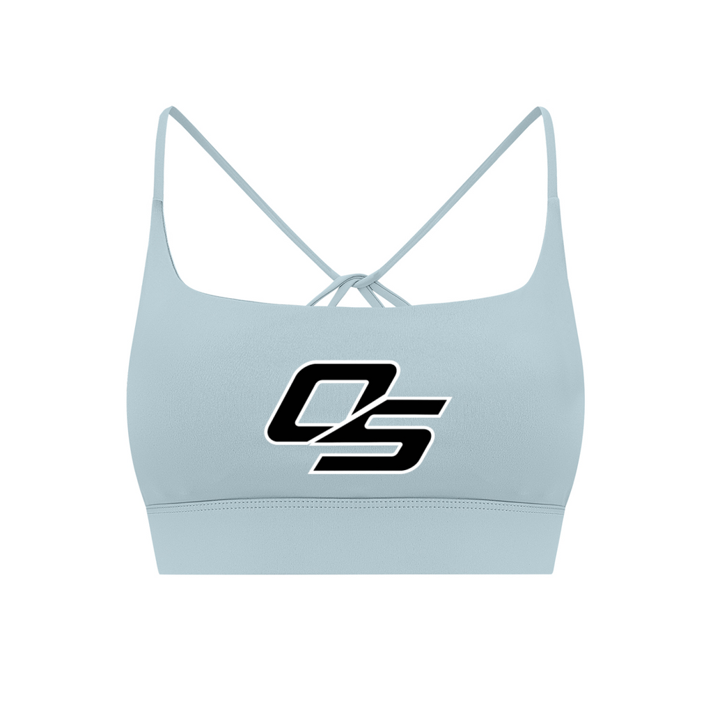 Light Blue Off Script Women’s Strappy Criss-Cross Yoga Sports Bra V2 – front 3D mockup