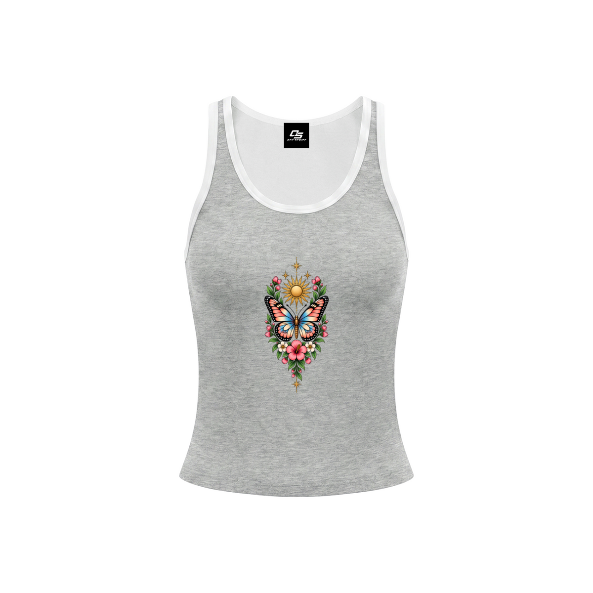 Celestial Butterfly Women’s Color Block Cropped Tank Top V6 - Flower Gray front mockup