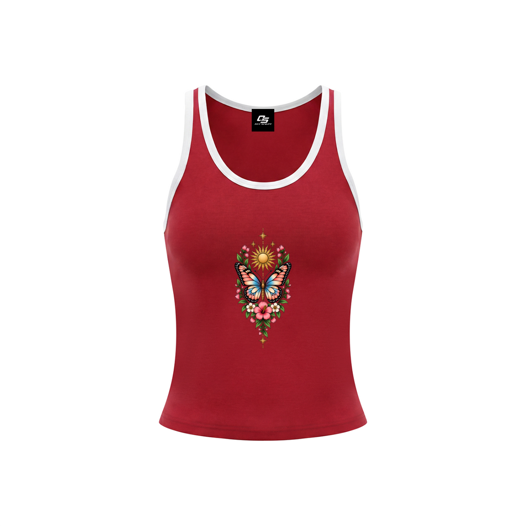 Celestial Butterfly Women’s Color Block Cropped Tank Top V6 - Red front mockup