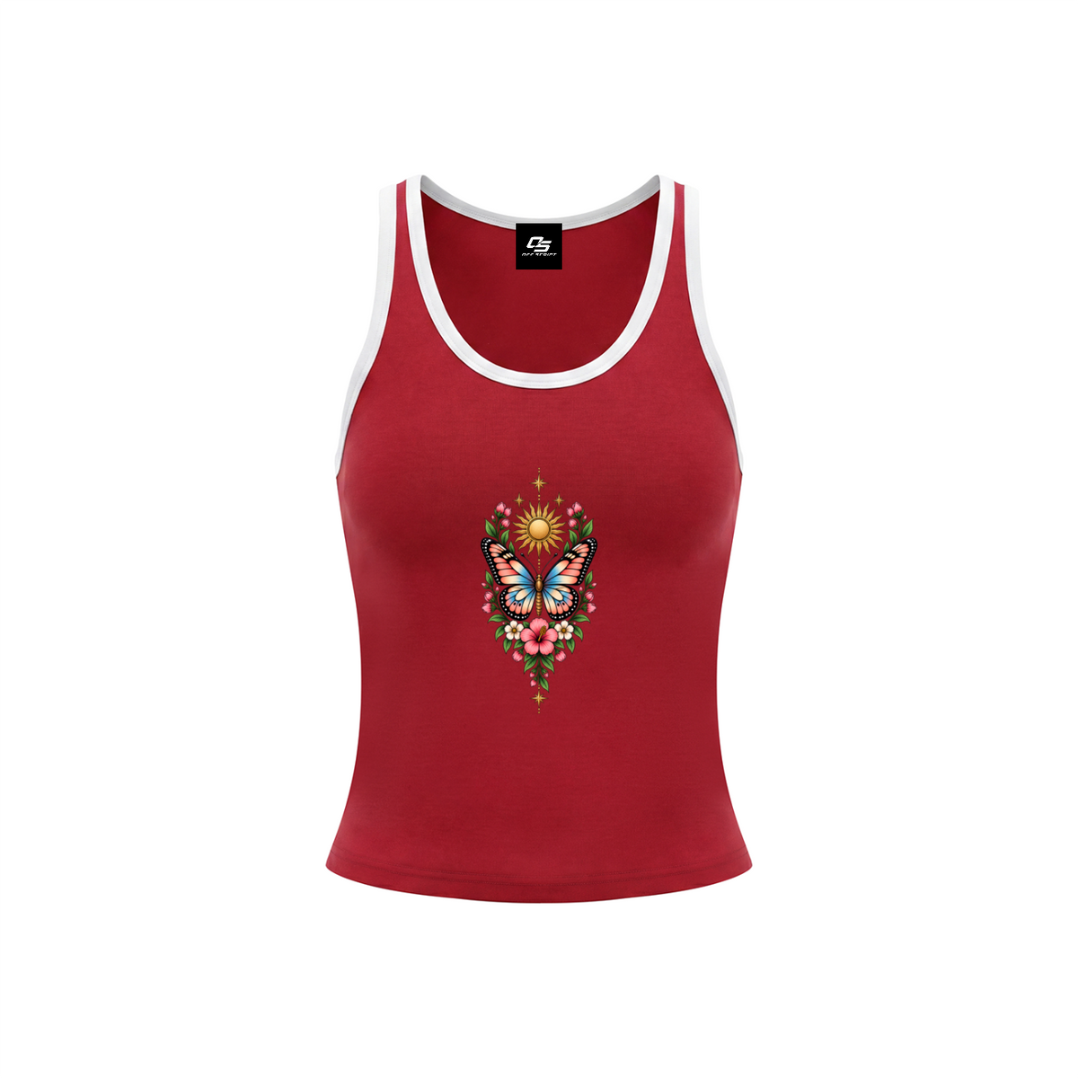 Celestial Butterfly Women’s Color Block Cropped Tank Top V6 - Red front mockup