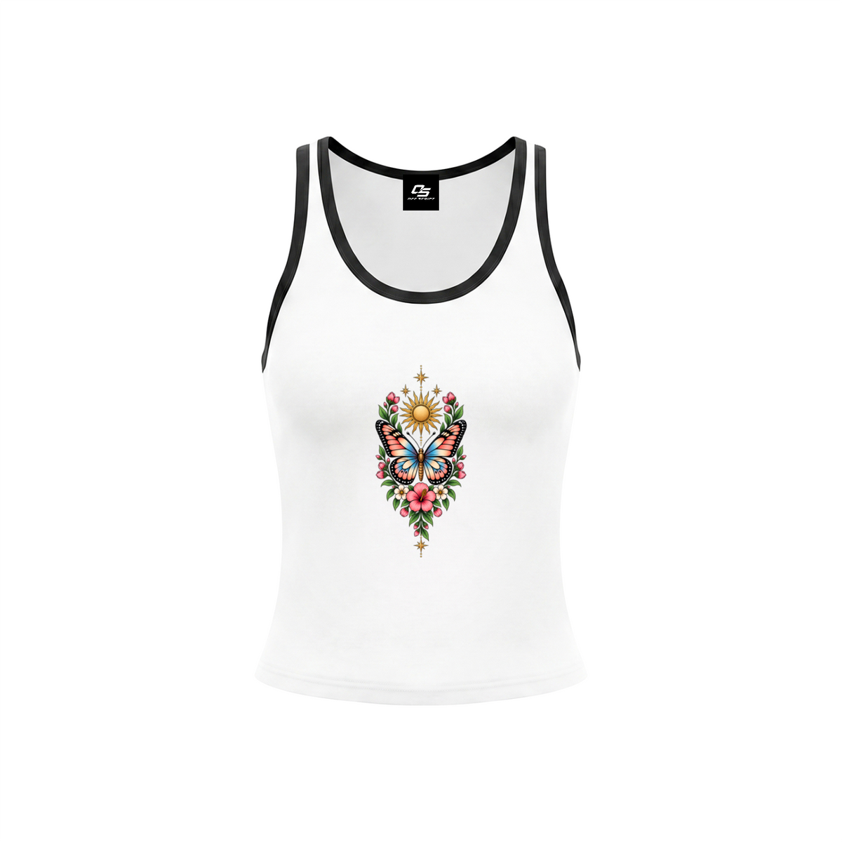 Celestial Butterfly Women’s Color Block Cropped Tank Top V6 - White front mockup