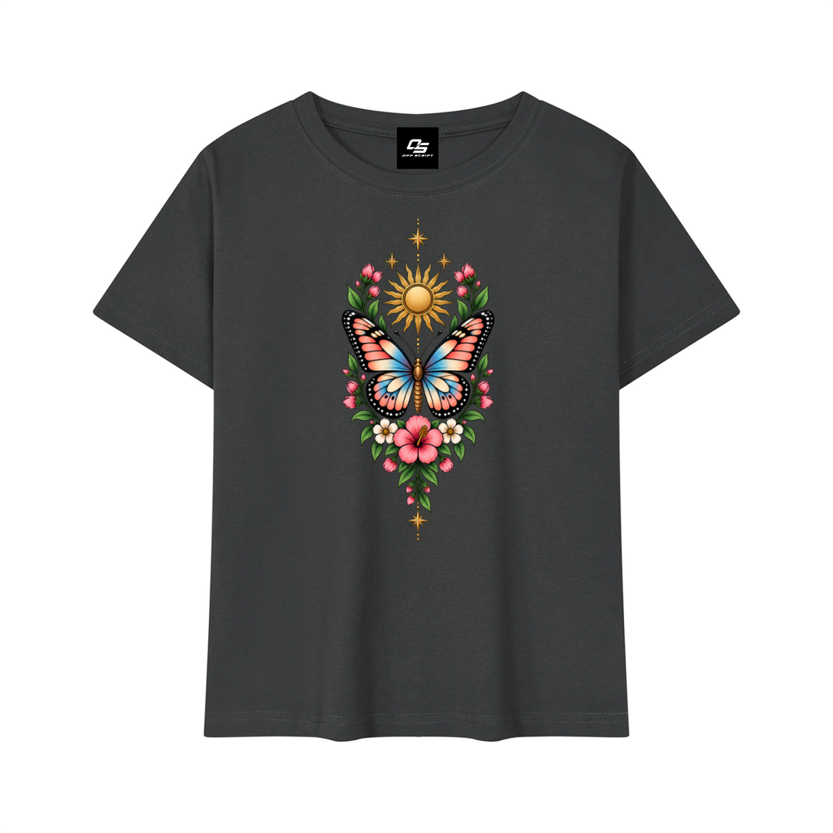 Women's Celestial Butterfly Quick-Dry Baby T-Shirt V2 in Dark Gray - front mockup