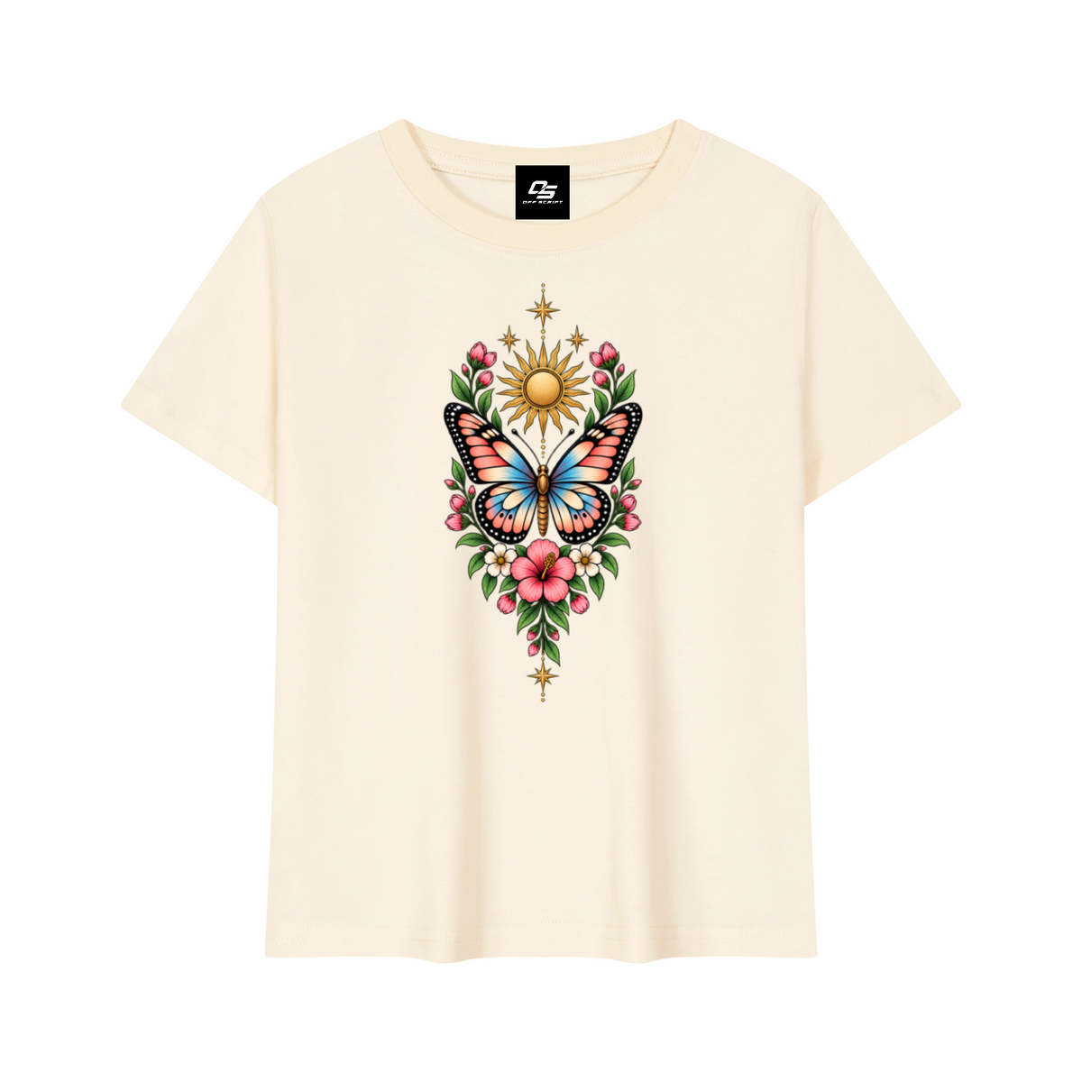 Women's Celestial Butterfly Quick-Dry Baby T-Shirt V2 in Light Apricot - front mockup